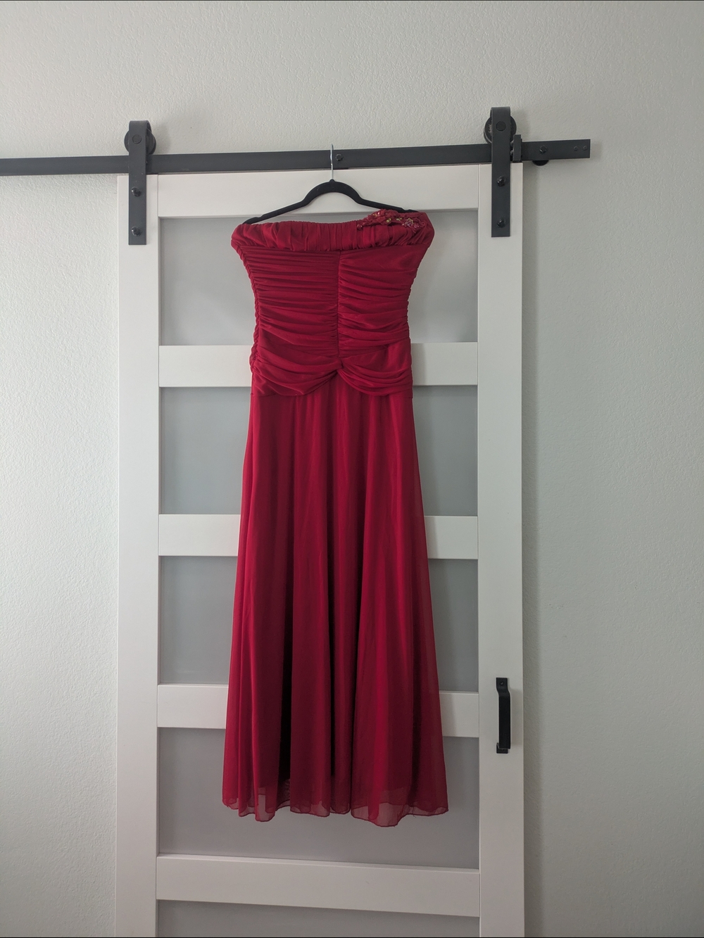 XOXO Strapless Ruched Formal Dress in Deep Red